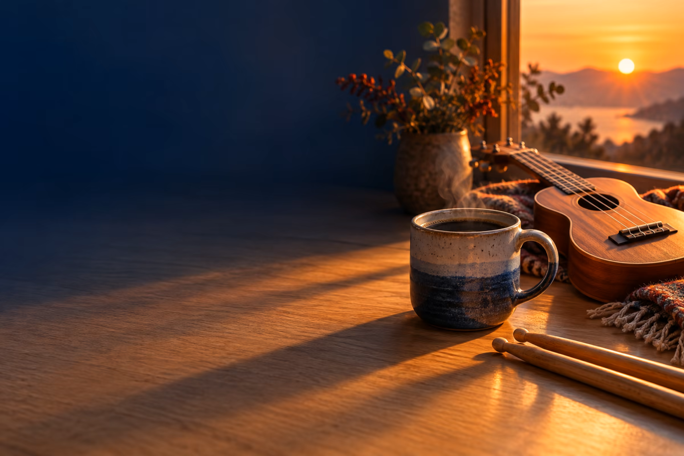 A mug of coffee, a ukulele and a pair of drumsticks on a table by a window at sunrise.