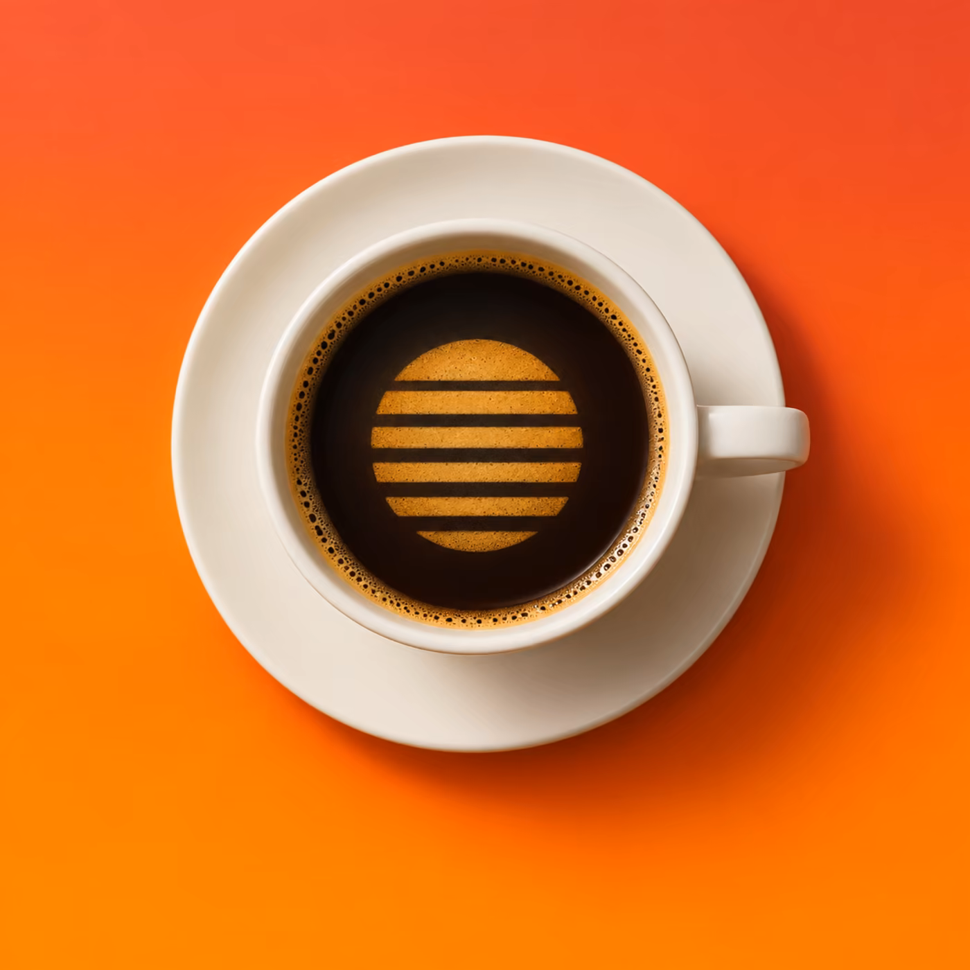 A cup of black coffee seen from above, its crema marked with a banded sun, on an orange background.